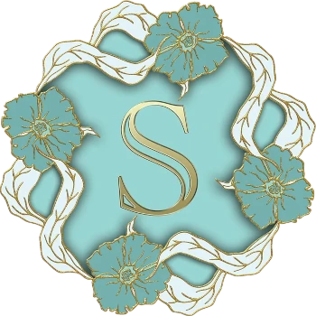 The letter S in gold on a mint blue field surrouned by a circle of blue and gold flowers linked by white and gold long leaves.