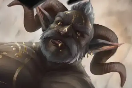 A gray-skinned, heavily muscled man with silver hair, gold body paint, and horns curling from either side of his head looms over the viewer