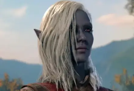 A drow female with dark gray skin, white hair, and red eyes and wears brown armor with red trim