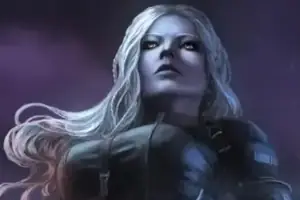 Against a background of purple clouds, a drow woman with light blue skin and medium-length silver hair stands in black armor