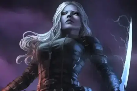 Against a background of purple clouds, a drow woman with light blue skin and medium-length silver hair stands in black armor