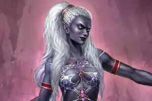 A drow female with long white hair and dark gray skin stands in a bikini top and skirt made of spiderweb