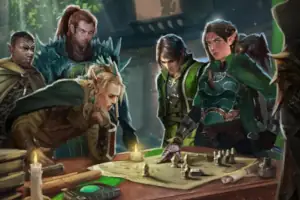 Five fantasy adventurers in green and brown armor gather around a map with tokens spread across it.