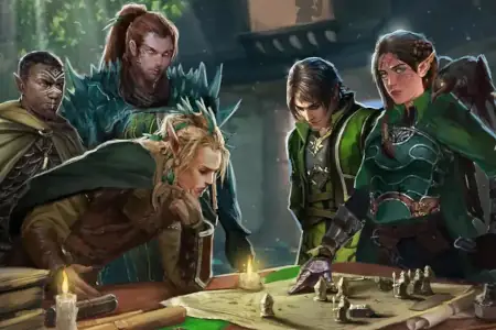 Five fantasy adventurers in green and brown armor gather around a map with tokens spread across it.