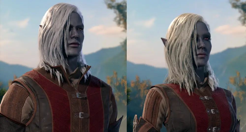 A drow male and female are shown left and right. Both have dark gray skin, white hair, and red eyes and wear matching brown armor with red trim.
