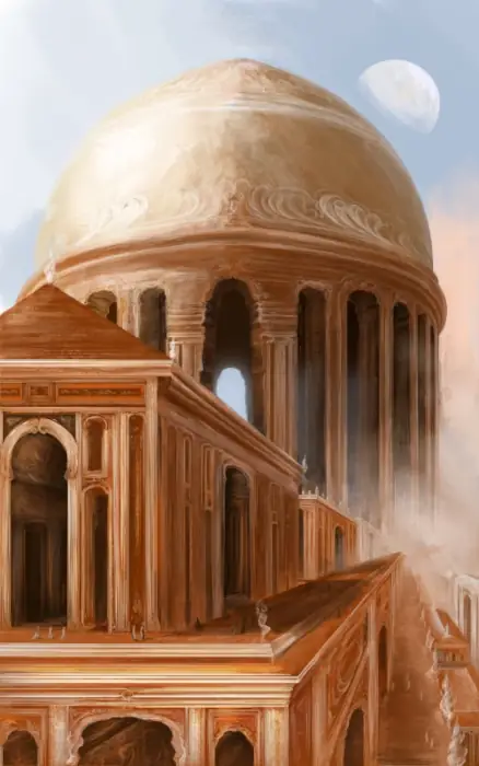 Grand public buildings in reddish marble and gold trim stretch away from the viewer along a street. Towering many stories above and behind them is a gigantic pillared golden dome.