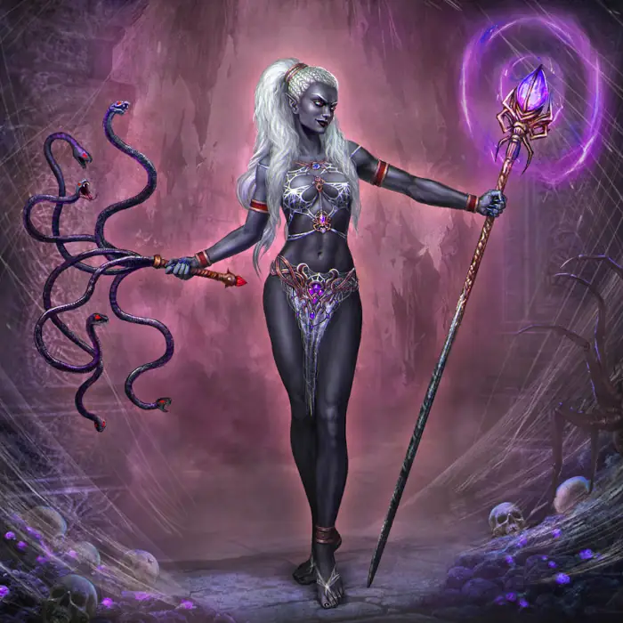 A drow female with long white hair and dark gray skin stands in a bikini top and skirt made of spiderweb. In her right hand she holds a whip of live snakes; in her left, a staff with a gleaming purple spider atop it.