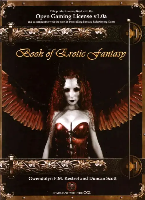 A succubus with pale skin, curly red hair, and completely black eyes stands in a red corset with her red and black wings outstretched to either side. She is framed in gold accents on a black background.