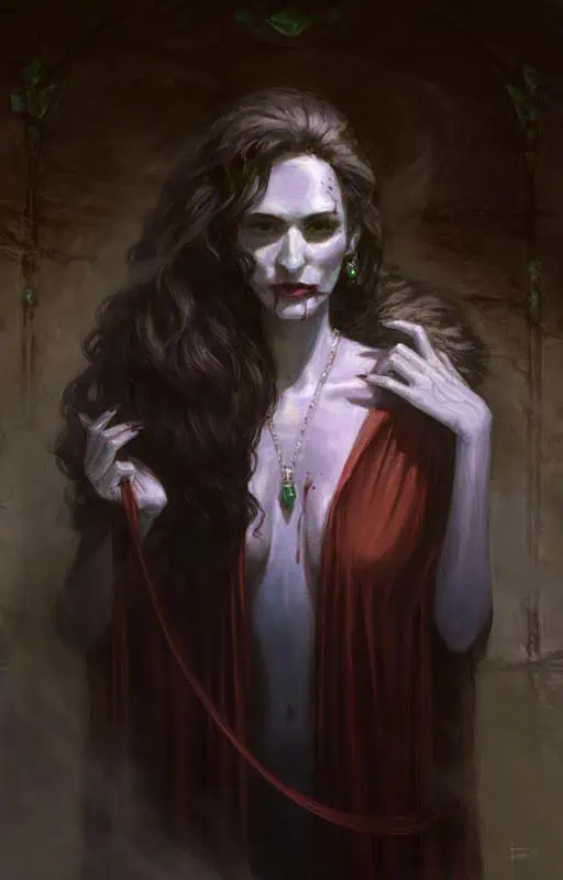 A pale woman with thick dark hair flowing down one shoulder and blood drops on her mouth plays with the corner of her open red robe