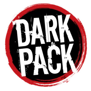 A red circle in spray paint on a black background with the words Dark Pack in white in the center