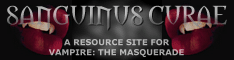 sShadowy red lips open to reveal fangs are across from each other behind the words: Sanguinus Curae a resource for Vampire: the Masquerade