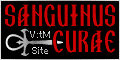 a black button outlined in silver that says Sanguinus Curae V:tM Site with a stylized silver ankh