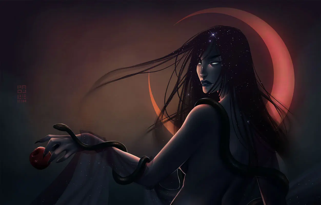 A shadowy woman with a snake wrapped around her and an apple falling from one hand, looking back over her shoulder with glowing eyes