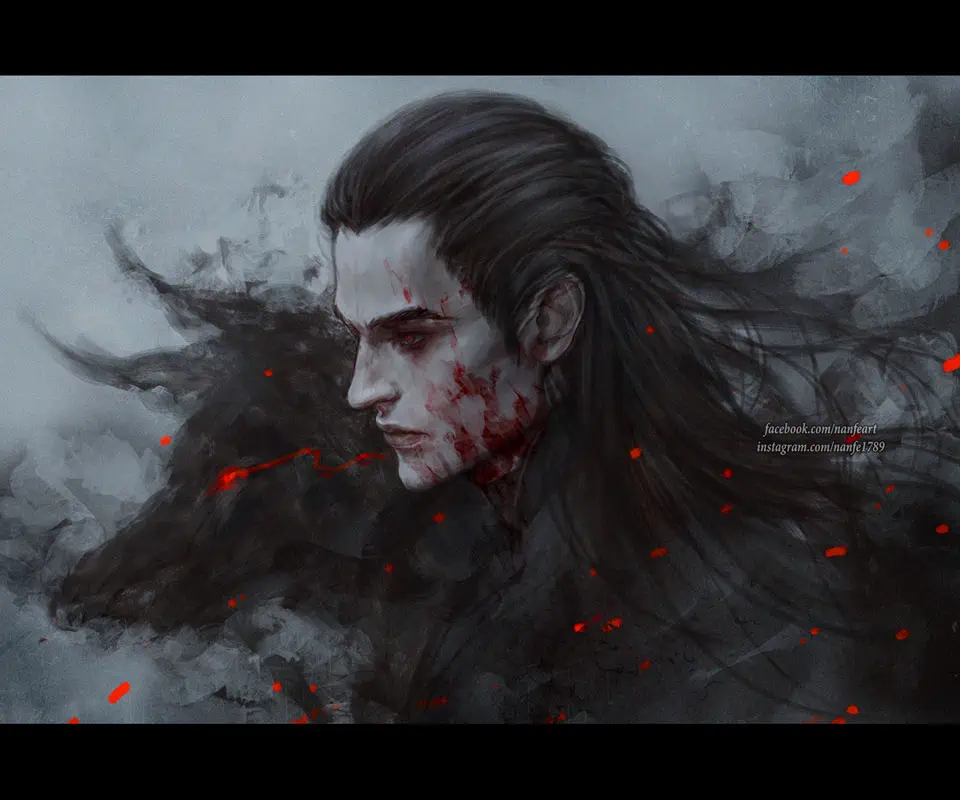 Side view of a pale man dressed in black with his face splattered with blood and a ghostly dark hound behind him looking the same direction