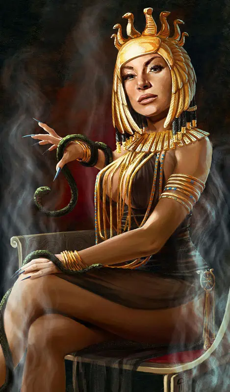 A seated woman wearing gold jewelry and a crown with a snake in one hand, with incense smoke rising before her