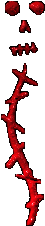 A stylized spinal column topped by a stylized skull that's only two eyes, a nose, and a mouth in red