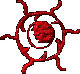 A stylized moon contained within a circle representing the sun with six rays coming off it in red