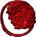 A stylized moon in red